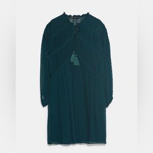 Zara Teal Clip Dot Chiffon Babydoll Empire Waist Dress